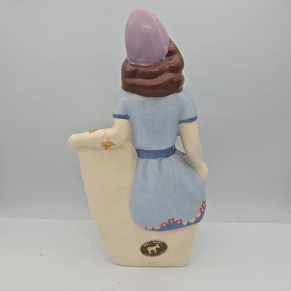 Lady Vase 1940s Weil Ware CA Pottery Woman In White‎ Dress Scarf Flowers Planter